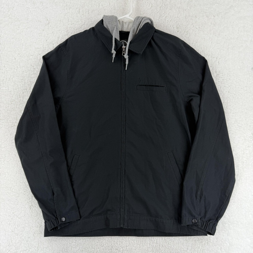 Volcom‎ Jacket Mens XL Black Gray Hooded Full Zip Windbreaker Collared Outdoor